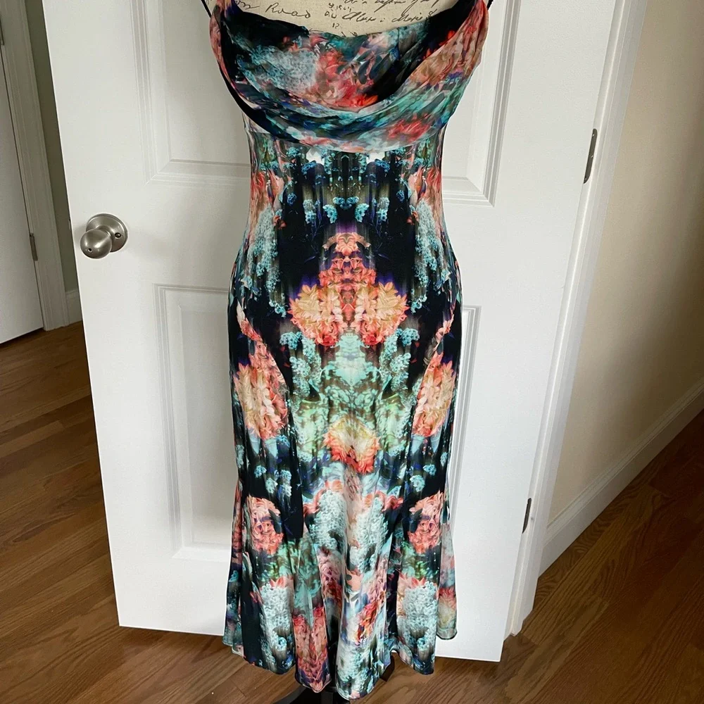 Nicole Miller multi color dress, racer back, low cut cowl neck dress, size 2 - Picture 1 of 4